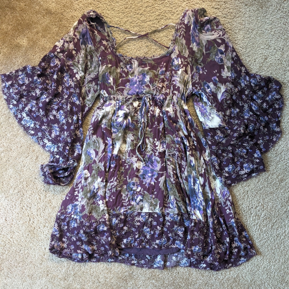 Free People Floral Purple Bohemian Goddess Dress Size Small